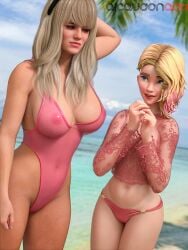 2girls 3d alcaudonart beach big_breasts bikini_bottom blonde_hair blue_eyes breasts emma_stone female female_only gwen_stacy gwen_stacy_(spider-verse) gwen_stacy_(tasm) hairband marvel nipples nipples_visible_through_clothing one-piece_swimsuit pink_hair spider-man:_into_the_spider-verse spider-man_(series) swimsuit translucent_clothing two_tone_hair