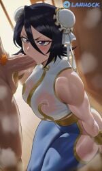 1boy 1girl 1girls abs ahegao_light ai_generated angry_expression anime_style ass black_hair bleach blue_qipao blush bodysuit breasts buns chun-li_(classic) chun-li_(cosplay) cleavage confused deepthroat depth_of_field detailed_eyes detailed_face dojo drooling duo fellatio female from_side glare glistening hair_buns hair_ribbons hand_on_penis hentai highres holding_penis huge_breasts huge_penis ichigo_kurosaki indoors intense_eyes kuchiki_rukia large_breasts looking_at_viewer male muscular muscular_female muscular_woman nipples open_mouth oral oral_sex penis penis_in_mouth profile_view purple_eyes qipao saliva see-through_clothes shiny_skin sideboob sleeveless strong_arms strong_woman sucking sweat sweatdrop tears_of_pleasure thick_ass thick_thighs toned torn_clothes underboob veiny_penis wet wet_clothes white_qipao white_ribbons wide_hips wooden_floor