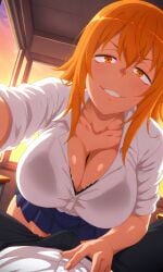 1boy 1girls ai_generated big_breasts black_bra breasts classroom female femdom gamo-chan huge_breasts male naoto_hachioji_(senpai) open_shirt orange_hair please_don't_bully_me _nagatoro pov sunset tagme theobrobine theobrobine_(ai_style)