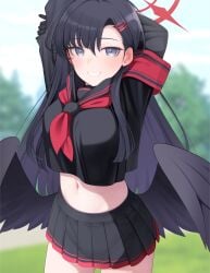 1girls armband black_hair black_sailor_collar black_serafuku black_skirt black_wings blue_archive blush cowboy_shot feathered_wings fed_(giba) female grey_eyes grin hair_ornament hairclip halo highres ichika_(blue_archive) long_hair long_sleeves low_wings neckerchief outdoors pleated_skirt red_armband red_halo red_neckerchief sailor_collar school_uniform serafuku skirt smile solo unusually_open_eyes wings