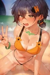 1girls absurd_res ahoge alternate_costume alternate_version_available arm_behind_head arm_support arm_up bare_shoulders beach belle_(zenless_zone_zero) bikini bikini_under_shorts blue_hair blue_sky blush breasts cleavage cloud collarbone commentary crossed_bangs day demcheg english_commentary female green_eyes hair_between_eyes hair_ornament hand_in_own_hair highleg highleg_bikini highres hyuk_(yeayeo) large_breasts letter_hair_ornament light_particles looking_at_viewer low_twintails micro_shorts navel ocean oerba_yun_fang official_alternate_costume on_ground open_mouth orange_bikini orange_shorts outdoors short_hair shorts sitting skin_fang sky smile solo stomach sunlight swimsuit tan_body tanline thighs twintails zenless_zone_zero