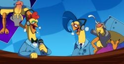 2_toes activision anthro avian avian_caruncle balls beak bird blue_clothing blue_hair blue_suit bodily_fluids bow_tie breath breathing button_(fastener) checkered checkered_background chick_gizzard_lips chicken clothed clothing collared_shirt comb_(anatomy) crash_(series) crash_tag_team_racing crash_team_racing_(series) crash_team_racing_nitro-fueled cum cumshot desk detailed_background disembodied_hand dress_shirt duo ejaculation electronics erection feet fur furniture galliform gallus_(genus) gay genital_fluids genitals green_eyelids hair half-closed_eyes handjob head_crest headgear headphones headset hi_res holding_microphone holding_object humanoid_genitalia humanoid_penis looking_at_another looking_at_partner looking_pleasured male male/male male_only masturbation microphone narrowed_eyes necktie open_mouth orgasm orgasm_face pantsless pantsless_anthro pantsless_male partially_clothed pattern_background penile penis phasianid pink_eyelids red_comb_(anatomy) sex shaking shirt simple_background spread_legs spreading stew_(crash_series) suit suit_jacket sweat sweatdrop sweating_profusely table toes tongue tongue_out topwear tremble_lines trembling under_the_table uvula vein veiny_penis vorechestra yaoi yellow_body yellow_fur