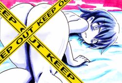 ass blue_hair blush butt_crack caution_tape censored cookie_(touhou) eyebrows_visible_through_hair female grey_eyes keep_out kofji_(cookie) looking_at_viewer lying monochrome nude on_stomach pale_skin scared short_hair simple_background touhou