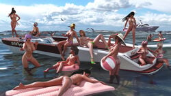 12girls 3d 6+girls american ass ayane_(doa) barefoot bikini bikini_bottom black_hair blonde_hair boat breasts brown_hair casual christie_(doa) cleavage dead_or_alive dolphin fatal_fury feet female hat helena_douglas highres hitomi_(doa) honoka_(doa) human human_only inflatable_raft kasumi_(doa) king_of_fighters kokoro_(doa) large_breasts lei_fang long_hair mai_shiranui male marie_rose multiple_boys multiple_girls nipples nude nyotengu ocean on_stomach open_toe_shoes outdoors pale_skin partially_submerged pink_hair ponytail pubic_hair purple_hair sea seagull short_hair sideboob sitting sling_bikini small_breasts snk soles standing surfboard tanline tecmo texan thong thong_bikini tina_armstrong toes twintails water xvladtepesx yacht