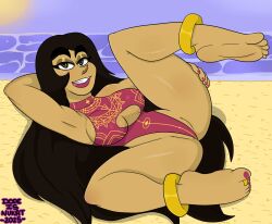 1girls anklet barefoot beach brown_eyes brown_hair brown_skin brown_skinned_female dopeisnukat feet feet_up female gold_anklet gold_anklets grabbing_own_leg laying_down laying_on_back legs legs_spread legs_up leotard long_hair ocean ocean_background original original_character original_characters pam_the_witch_(dopeisnukat) pamalagera_moon_(dopeisnukat) purple_fingernail_polish purple_fingernails purple_lipstick purple_toenail_polish purple_toenails sun sunlight swimsuit swimwear