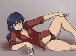 1girls bare_legs black_panties boku_dake_ga_inai_machi breasts cigarette clothed clothing erased_(anime) female female_only looking_at_viewer milf no_pants panties sachiko_fujinuma smoking spewing_mews