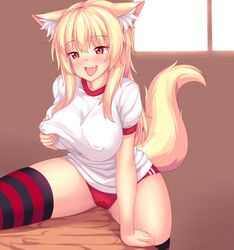 1girls absurdres animal_ears ass_visible_through_thighs bangs black_legwear blonde_hair blush breast_grab breasts buruma clothed_masturbation clothing commentary covered_nipples crotch_rub desk drooling english_commentary erect_nipples eyebrows_visible_through_hair female fox_ears fox_tail gym_shirt gym_uniform hand_on_table heart highres indoors large_breasts leg_up long_hair masturbation masturbation_through_clothing original panties pussy_juice red_legwear self_fondle shirt solo striped striped_legwear table_humping tail thick_thighs thighhighs thighs tiffy tiffynyaa tongue tongue_out torogao underwear wet wet_clothes wet_panties window