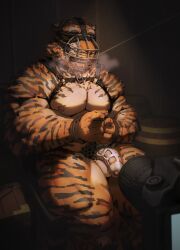 anthro balls bondage bound camera chastity_cage chastity_device dust_yang fangs felid fur genitals hi_res male mammal muscular muscular_anthro muscular_male muzzle_(object) muzzled nipples nude obscured_eyes open_mouth orange_body orange_fur overweight overweight_anthro overweight_male pantherine pecs pubes questionable_consent restraints rope rope_bondage sitting solo striped_arms striped_legs teeth tiger wearing_chastity_cage wearing_chastity_device white_balls white_body white_fur