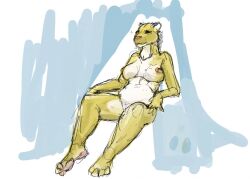2011 anthro belly big_breasts blue_background breasts chair colored feet felid female fur furniture guide_lines jeri_kleinlowe lion mammal nipples nude nude_female pantherine pink_nipples simple_background sitting smile solo throne white_background white_body white_fur yellow_body yellow_fur