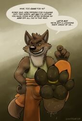 2024 absurd_res anthro armpit_hair bodily_fluids body_hair brown_body brown_fur brown_pawpads bulge bulge_through_clothing canid canine canis claws clothing dialogue digit_ring dirty dirty_clothing dirty_paws dominant dominant_male dreamworks english_text feet foot_fetish foot_focus fur gesture glistening glistening_nose good_boy grin hand_gesture hi_res jewelry looking_at_viewer low-angle_view male mammal motion_lines mr._wolf_(the_bad_guys) multicolored_body multicolored_fur musk narrowed_eyes orange_clothing pawpads paws pointing pointing_at_viewer prison_uniform prisoner raised_leg ring scruffy shirt smelly smelly_feet smile smug sniffur solo speech_bubble standing sweat sweat_stain sweaty_paws tail tail_motion tailwag tan_body tan_fur tank_top teeth text the_bad_guys toe_ring toes toothy_grin topwear whisker_spots whiskers wolf yellow_eyes yellow_teeth