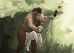 2011 anal anal_rape anal_sex anthro belly big_dom_small_sub brown_body brown_fur brown_mohawk brown_skin closed_eyes colored day detailed_background dominant dominant_anthro duo feet forced forest forest_background fur green_background human human_on_anthro interspecies jeri_kleinlowe light male male/male mammal mohawk nature nature_background nude_anthro nude_human nude_male outside outside_sex overweight pale_skin penetration plant rape reaching_out sex simple_background size_difference submissive submissive_human suid suine sunlight sus_(pig) tail tail_tuft tree tuft tusks wild_boar