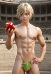 3d adam_(record_of_ragnarok) adam_(shuumatsu_no_valkyrie) ai ai_art ai_assisted ai_generated apple bitten_apple blonde_hair blue_eyes convenient_censoring covered_crotch gay hand_on_hip holding_apple leaf leaf_censor leaf_on_crotch male male_focus male_only naked record_of_ragnarok shuumatsu_no_valkyrie solo_male toned toned_body toned_male