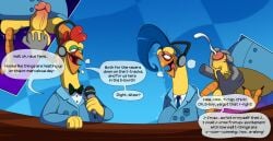 2_toes activision anthro avian avian_caruncle balls beak bird blue_clothing blue_hair blue_suit bodily_fluids bow_tie breath breathing button_(fastener) checkered checkered_background chick_gizzard_lips chicken clothed clothing collared_shirt comb_(anatomy) crash_(series) crash_tag_team_racing crash_team_racing_(series) crash_team_racing_nitro-fueled cum cumshot desk detailed_background dialogue disembodied_hand dress_shirt duo ejaculation electronics erection feet freudian_slip fur furniture galliform gallus_(genus) genital_fluids genitals green_eyelids hair half-closed_eyes handjob head_crest headgear headphones headset hi_res holding_microphone holding_object humanoid_genitalia humanoid_penis looking_at_another looking_at_partner looking_pleasured male male/male male_only masturbation microphone narrowed_eyes necktie open_mouth orgasm orgasm_face pantsless pantsless_anthro pantsless_male partially_clothed pattern_background penile penis phasianid pink_eyelids red_comb_(anatomy) sex shaking shirt simple_background speech_bubble spread_legs spreading stew_(crash_series) stuttering suit suit_jacket sweat sweatdrop sweating_profusely table toes tongue tongue_out topwear tremble_lines trembling under_the_table uvula vein veiny_penis vorechestra yellow_body yellow_fur