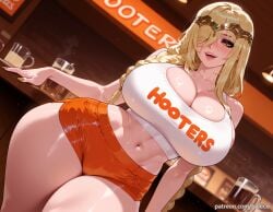 ai_generated balecxi blonde_hair blush braid breasts cleavage crop_top cup elden_ring employee_uniform female hair_over_one_eye huge_breasts long_hair looking_at_viewer navel open_mouth orange_shorts queen_marika_the_eternal short_shorts smile solo tank_top thick_thighs waitress yellow_eyes