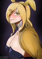 alternate_hairstyle background big_breasts blonde_female blonde_hair braided_hair breasts bunny_ears bunny_girl bunnysuit elden_ring eyes female goddess hair hair_over_one_eye jacket long_hair looking_at_viewer mouth mouth_closed nyamel oppai queen_marika_bunny queen_marika_the_eternal short_jacket skin white_skin yellow_eye yellow_eyes yellow_eyes_female yellow_hair