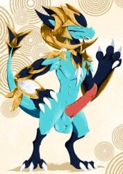2025 3_toes 4_fingers absurd_res animal_genitalia anthro athletic athletic_male balls big_penis black_body black_scales blue_body blue_scales blush bodily_fluids cel_shading claws closed_eyes cute_fangs dragon erection eyelashes eyeliner fan_character fangs feet fingers fur gem generation_7_pokemon genital_fluids genitals gloves_(marking) gold_(metal) gold_jewelry hakamo-o hand_on_hip hi_res horn jewelry knot knotted_penis leaking_precum leg_markings lineless makeup male markings mythological_creature mythological_scalie mythology nintendo penis pokemon pokemon_(species) precum raised_arm reptile scales scalie shaded shadowsoulful sheath socks_(marking) solo tail teeth toe_claws toes tuft white_body white_fur