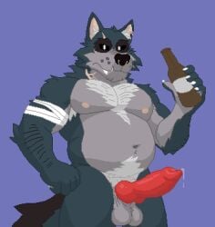 alcohol anthro arm_hair balls bandage bandaged_arm beer beer_bottle belly beverage black_eyes blue_body body_hair bored bottle canid canine canis chest_hair container digital_media_(artwork) eye_scar facial_scar fluffy fluffy_balls frown genitals glowing glowing_eyes happy_trail humanoid knot knotted_penis looking_at_viewer male mammal monotone_background mr._grey_(password) myuger notched_ear nude password_(visual_novel) penis pixel_(artwork) pubes pupils saggy_balls scar slightly_chubby solo tail white_pupils wolf
