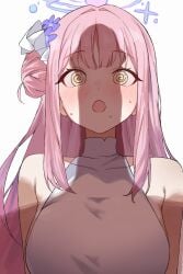 1boy @_@ absurdres bare_shoulders blue_archive blush dress erection female hair_bun hair_intakes hair_ornament halo highres large_penis long_hair looking_at_penis male mika_(blue_archive) mixed-language_commentary open_mouth penis penis_shadow pink_hair pink_halo sexually_suggestive simple_background single_hair_bun single_side_bun sleeveless sleeveless_dress sleeveless_turtleneck_dress solo_focus straight surprised sweat timit turtleneck turtleneck_dress upper_body white_background white_dress wide-eyed yellow_eyes