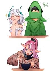 1boy 2girls after_oral black_hair bowl camila_(vtuber) cum_in_mouth eating ellie_minibot female foxulf_(artist) glasses green_hoodie indie_virtual_youtuber light-skinned_female light-skinned_male light_skin male mask pink_hair pointy_ears ponytail robot_antenna robot_girl short_hair smile smiling spit unaware vedal987 virtual_youtuber vtuber white_hair