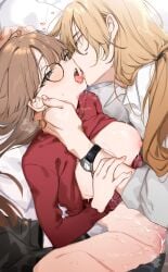 1boy 1girls aroused big_breasts black_jacket blonde_hair blush bottomless breasts breasts_out brown_hair censored commentary commission cum cum_in_pussy cum_inside cum_overflow earrings female female_human femsub french_kiss glasses hair_between_eyes half-closed_eyes heart human human_male jacket jewelry kissing kissing_while_penetrated large_breasts light-skinned_female light_skin long_hair long_sleeves looking_pleasured lying male missionary_position necklace nipples nonoyama on_back open_mouth original passionate ponytail pussy red_sweater sex shirt skeb_commission slim_waist spread_legs straight sweater unworn_jacket vaginal_penetration watch wristwatch
