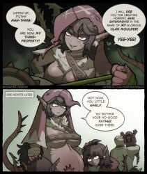 1boy 1girls 2koma belly_button belt belt_bra brown_hair comic english_text female hood large_breasts male pregnant pregnant_belly pregnant_female rat_ears rat_girl rat_tail red_eyes scar short_hair skaven skimpy_clothes tagme tempura_person warhammer_(franchise) warhammer_age_of_sigmar warhammer_fantasy whiskers