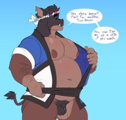 2025 accessory anthro areola asian_clothing balls barazoku belly belly_overhang big_belly big_muscles big_pecs blue_background blush bodily_fluids bottomless bottomless_anthro bottomless_male clothed clothing deliverymutt dialogue dripping english_text eyebrows fatpad flaccid foreskin fur genital_fluids genitals hair headband hi_res humanoid_genitalia humanoid_penis inviting looking_at_viewer male mammal musclegut muscular muscular_anthro muscular_male narrowed_eyes navel nipples open_clothing open_topwear overweight overweight_anthro overweight_male pecs penis precum precum_drip seductive simple_background smile solo standing suid suine sus_(pig) talking_to_viewer text thick_arms thick_thighs topwear tuft tusks uncircumcised unretracted_foreskin wild_boar