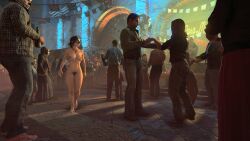 big_breasts breasts casual completely_naked exibitionism exposed female group hairy_pussy human in_game lara_croft mod nudist pale_skin public_nudity pussy tomb_raider walking_naked