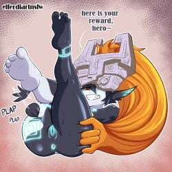 anus armor ass big_butt biped blue_anus blue_markings blue_nipples blue_pussy blue_vulva blush breasts elferdiart feet female genitals grey_body grey_skin hair headgear helmet hi_res humanoid imp looking_at_viewer markings midna nintendo nipples nude orange_hair plap pussy red_eyes seductive solo text the_legend_of_zelda twili twilight_princess vulva