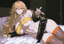 abs ai_generated bandeau blonde_female blonde_hair blush female kizirugai long_hair looking_at_viewer miniskirt muscular muscular_female rwby skirt slutty_costume smile tagme thong violet_eyes yang_xiao_long