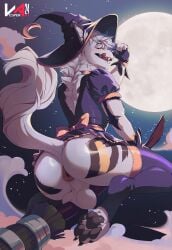 2024 anthro anus artist_name balls black_nose black_pawpads broom broom_riding canid canine cleaning_tool clothing dated fangs fur hat headgear headwear hi_res licking licking_lips licking_own_lips looking_at_viewer male male_anthro mammal moon narrowed_eyes night open_mouth open_smile outside pawpads perineum presenting presenting_anus presenting_balls purple_clothing purple_hat purple_headwear purple_topwear smile solo teeth text tongue tongue_out topwear vesper_art white_body white_fur witch_hat