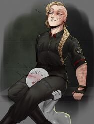blonde_hair braid burn_scar dominant_male horny humiliation male meinkatzchen scar strangling strong_legs the_price_of_flesh thick_thighs uniform weak_resistance