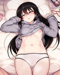 ass_visible_through_thighs bed black_hair borrowed_character bra bra_lift breasts cum cum_on_body cum_on_lower_body eyewear_removed female glasses gluteal_fold hood hoodie long_hair lying magazine navel nipples null_(nyanpyoun) on_back original panties pillow pov pubic_hair red-framed_eyewear see-through semi-rimless_eyewear sleeping small_breasts solo_focus sweat underwear white_bra white_panties young younger_female