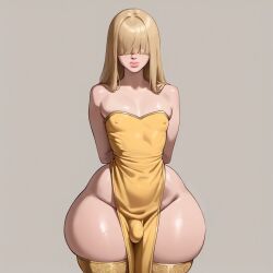 1boy ai_generated arms_behind_back blonde_hair bottom_heavy_femboy bulge femboy flat_chest male solo_male source_request stockings sundress voluptuous wide_hips yellow_dress