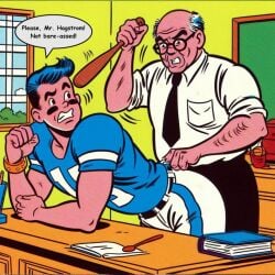 1:1 accurate_art_style age_difference ai_generated archie_comics ass black_hair english_text football football_uniform fully_clothed gay male male_only matt_(artist) older_male reggie_mantle speech_bubble tagme text yaoi young