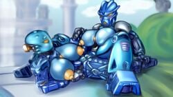 2girls areolae armor big_breasts biomechanical bionicle blue_body blue_skin blue_theme blush breasts epsi110 exposed_pussy female female/female female_only gali gali_(nuva) gali_nuva glowing glowing_eyes holding_hands lego mask multiple_girls nipples nokama on_ground orange_eyes outdoors puffy_areola pussy scissoring tagme tribadism vagina yuri