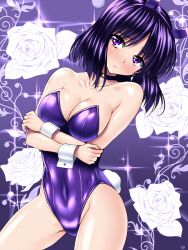 1girls adult_swim alluring alternate_breast_size animal_ears big_breasts bishoujo_senshi_sailor_moon bishoujo_senshi_sailor_moon_s bishoujo_senshi_sailor_moon_supers black_hair blush breast_rest breasts choker collarbone cowboy_shot crossed_arms earrings fake_animal_ears female female_focus floral_background flower gradient_background hairband jewelry playboy_bunny purple_background purple_eyes purple_theme rabbit_ears rabbit_tail rose sen_(sansui) short_hair tail toei_animation toonami viz_media white_flower white_rose wrist_cuffs