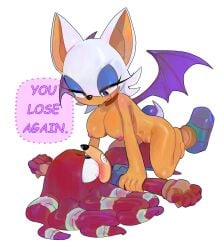 1boy 1girls areolae bat_ears bat_wings big_breasts blue_eyes blushing dialogue english_text fan_character female_on_top femdom grinding gritted_teeth lidded_eyes malesub membranous_wings nude_female oerba_yun_fang original_character pinklilim pinned_down red_fur rouge_the_bat sharp_teeth sonic_(series) sonic_oc sonic_the_hedgehog_(series) sweat white_background white_hair you_lose