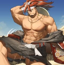 alchemy_stars bara blush gay honestly_quite_incredible huge_biceps huge_breasts inviting_to_sex male men_only muscular muscular_chest muscular_male scar_on_chest shirtless_male sinsa_(alchemy_stars) tekkowang underwear_peek yaoi