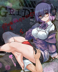 akabeko207 arm_support bangs bare_legs barefoot black_bra black_skirt blush bow bowtie bra bra_peek breasts button_gap closed_mouth collared_shirt commentary_request copyright_name day dress_shirt eyebrows_visible_through_hair feet female femdom fingernails glasses graffiti hair_between_eyes hand_up head_tilt head_under_skirt headphones hibiki_yuuta jacket large_breasts leg_lock lens_flare long_sleeves looking_at_viewer lying miniskirt nail_polish no_legwear off_shoulder on_stomach outdoors partially_unzipped pink-framed_eyewear pink_hair pleated_skirt purple_bow purple_jacket purple_nails red_eyes red_hair semi-rimless_eyewear shinjou_akane shirt short_sleeves skirt smelling smile solo ssss.gridman straight sweater_vest toes track_jacket translation_request twitter_username under-rim_eyewear underwear wall wing_collar zipper zipper_pull_tab