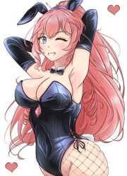 3am big_breasts bunnysuit bustier cleavage fishnets fully_clothed ghrawne_(artist) indie_virtual_youtuber olivia_monroe pink_hair virtual_youtuber winking winking_at_viewer