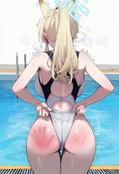 ai_assisted ai_generated ass ass_bigger_than_head backboob blonde_female blonde_hair blue_archive breasts canine competition_swimsuit dog_girl female from_behind heavy_blush heavy_breathing huge_ass huge_breasts huge_butt kanna_(blue_archive) kanna_(swimsuit)_(blue_archive) motion_lines one-piece_swimsuit pool poolside pulling_clothing slap slap_mark standing sweat sweatdrop sweating sweaty swimsuit swimsuit_pull thick thick_ass thick_butt thick_hips thick_legs thick_thighs tremble_lines tremble_spikes trembling truck-kun_art truck_kun