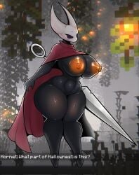 2025 2_horns anthro arthropod big_breasts black_body breasts cloak_only crossover dialogue english_text female foxgumie genitals hi_res holding_object holding_weapon hollow_knight horn hornet_(hollow_knight) huge_breasts microsoft minecraft mojang nipples orange_nipples pussy solo team_cherry text thick_thighs vulva weapon white_body wide_hips xbox_game_studios