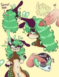 absurd_res ahe_gao alien aliendogfreak antennae_(anatomy) anthro big_ears bodily_fluids bone brain_penetration canid canine cum cum_in_brain cum_in_ear cum_inside cuntboy disembodied_penis genital_fluids genitals green_eyes green_hair green_spots hair hi_res intersex looking_pleasured lucky_(aliendogfreak) male mammal penetration penis skull skullfuck solo_focus spots x-ray_view