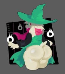 2025 anthro ass backsack balls big_butt bovid caprine clothing deltarune english_description eyewear femboy fur genitals glasses goat green_clothing green_hat green_headwear green_robe grey_background hat headgear headwear hi_res male male_only mammal pink_eyes pink_scarf ralsei rear_view robe round_glasses scarf simple_background small_tail solo tail theonehornedimp undertale_(series) wearing_glasses white_body white_fur wizard_hat