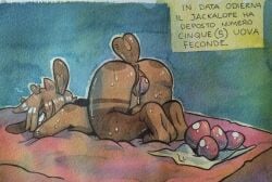 anthro antlers ass ass_up bodily_fluids brown_body brown_fur egg female fur genital_fluids hair hair_over_eye horn italian_text jackalope lagomorph mammal oviposition painting_(artwork) presenting presenting_hindquarters solo sweat tears text trgreta vaginal_fluids watercolor_(artwork)