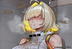 ai_generated blonde_hair cum_drip cum_in_mouth cum_overflow cum_string elegg(nikke) elegg_(nikke) goddess_of_victory:_nikke hair_over_eyes lips messy messy_hair purple_eyes rolling_eyes stained_clothes steam steamy sweaty text tillian upturned_eyes white_outfit yellow_hair
