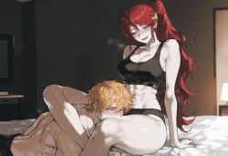 1boy 1girls ai_generated bed before_sex blonde_hair blush dominant_female female femdom high_ponytail jaune_arc kizirugai long_hair male on_bed ponytail pyrrha_nikos red_hair rwby submissive_male sweat tagme underwear underwear_only