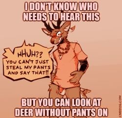 2025 anthro antlers balls blush bottomless bottomless_anthro bottomless_male caption chain_necklace chains clenched_teeth clothed clothing deer dialogue ear_twitch english_text eyebrows flaccid flustered forced foreskin fur genitals hand_on_hip horn humanoid_genitalia humanoid_penis humor impact_(font) jewelry lawyerdog looking_down male mammal meme motion_blur motion_lines necklace panko_(lawyerdog) penis questionable_consent restricted_palette secretly_loves_it shirt simple_background smile solo speech_bubble standing stolen_clothing surprised_expression tail tail_motion tailwag tan_background teeth text the_truth topwear tuft uncircumcised unretracted_foreskin url