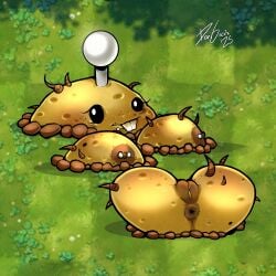 antennae_(anatomy) anus ass ass_focus black_sclera blush breasts brown_nipples buried dgrex2n erect_nipples female grass ground large_breasts light_blush looking_at_viewer mole_on_breast nipples piercing plant plant_girl plants_vs_zombies potato potato_mine potato_mine_(pvz) pussy pussy_juice radio_antenna roots signature teeth_showing