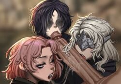 1boy 3girls black_hair blonde_hair collaborative_fellatio dark_souls dark_souls_(series) dark_souls_3 demon's_souls elden_ring female fire_keeper fromsoftware just_the_tip light-skinned_female light_skin long_hair lord_moku maiden_in_black male medium_hair melina_(elden_ring) remake unseen_male_face